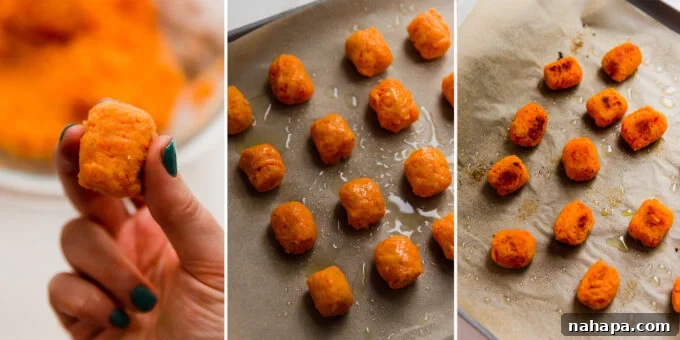 side by side photos of sweet potato tots being formed, and baked on a baking sheet.