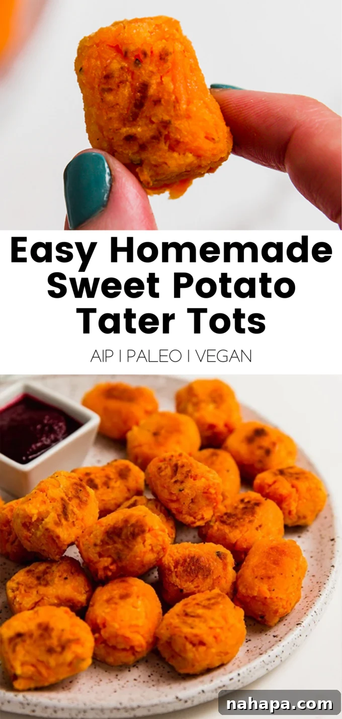 A collage image showcasing various stages of making sweet potato tater tots from ingredients to baked product