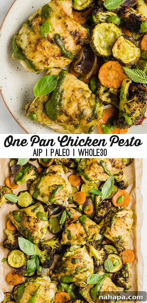 A close-up shot of an artistic graphic featuring ingredients for one-pan pesto chicken and text 'One Pan Pesto'.