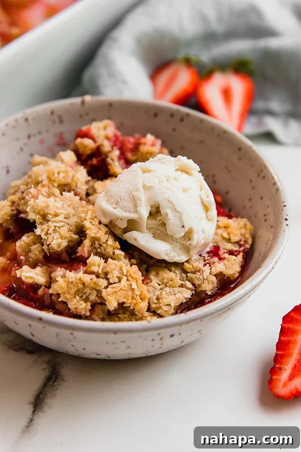 Paleo AIP Vegan Strawberry Rhubarb Crumble 2 A beautiful bowl of strawberry rhubarb crisp topped with a scoop of vanilla ice cream, showcasing the golden crisp topping and vibrant fruit filling.