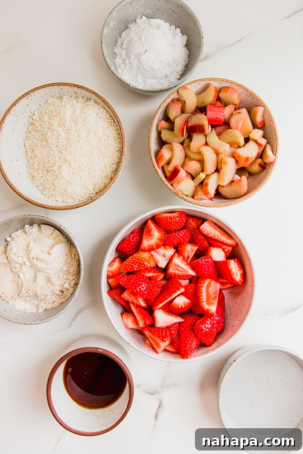 Paleo AIP Vegan Strawberry Rhubarb Crumble 3 A vibrant flat lay showcasing all the fresh and wholesome ingredients needed for a delicious strawberry rhubarb crisp, including sliced strawberries, chopped rhubarb, tigernut flour, shredded coconut, coconut oil, and maple syrup.