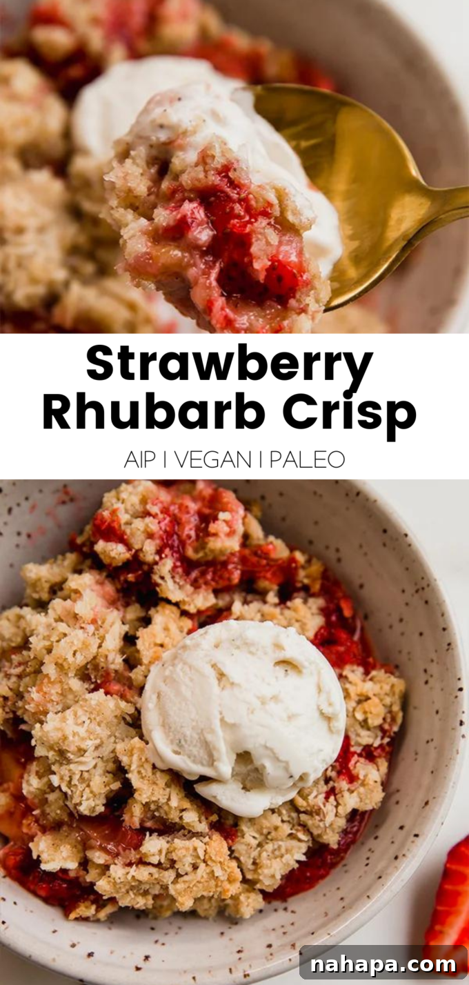 Paleo AIP Vegan Strawberry Rhubarb Crumble 8 A beautifully designed graphic promoting the Strawberry Rhubarb Crisp as a healthy and delicious dessert option for summer.