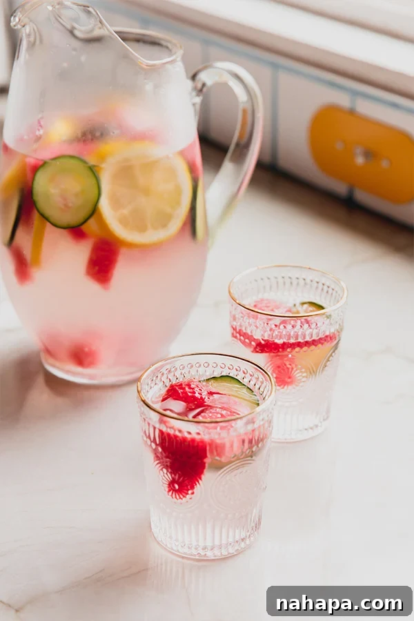 Ginger Wellness Elixir 5 Pitcher and glasses of ginger and fruit infused water, garnished with fresh mint