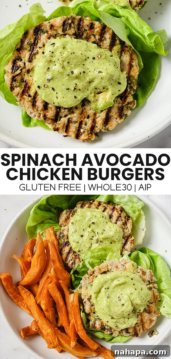 Pinterest graphic for Spinach Avocado Chicken Burgers recipe