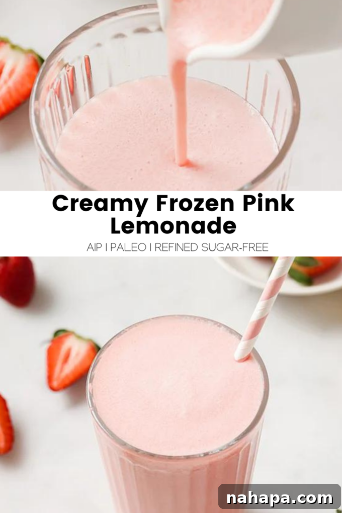 Velvety Frozen Pink Lemonade Paleo AIP Treat 6 An aerial shot of two glasses of creamy pink lemonade with straw