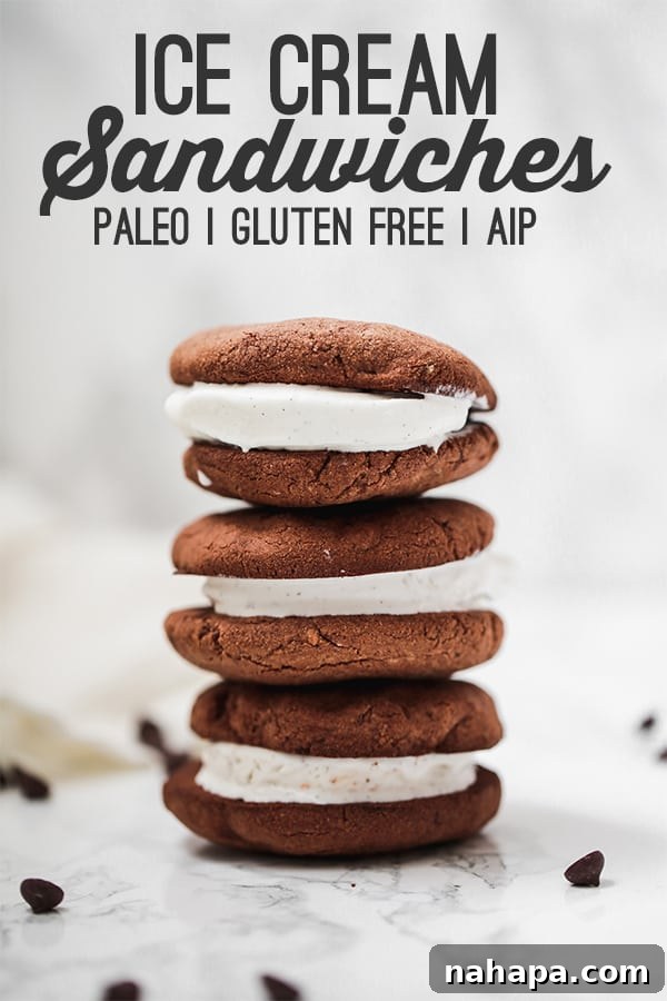 A stack of ice cream sandwiches with text reading "ice cream sandwiches paleo gluten free AIP"