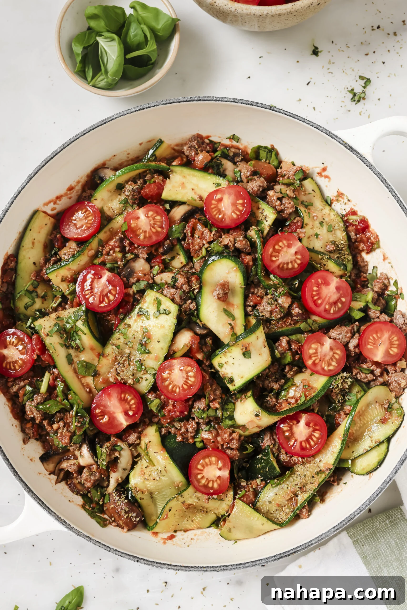 A close-up shot of the delicious and healthy One-Pot Zucchini Lasagna Skillet, showcasing its rich texture and vibrant colors.