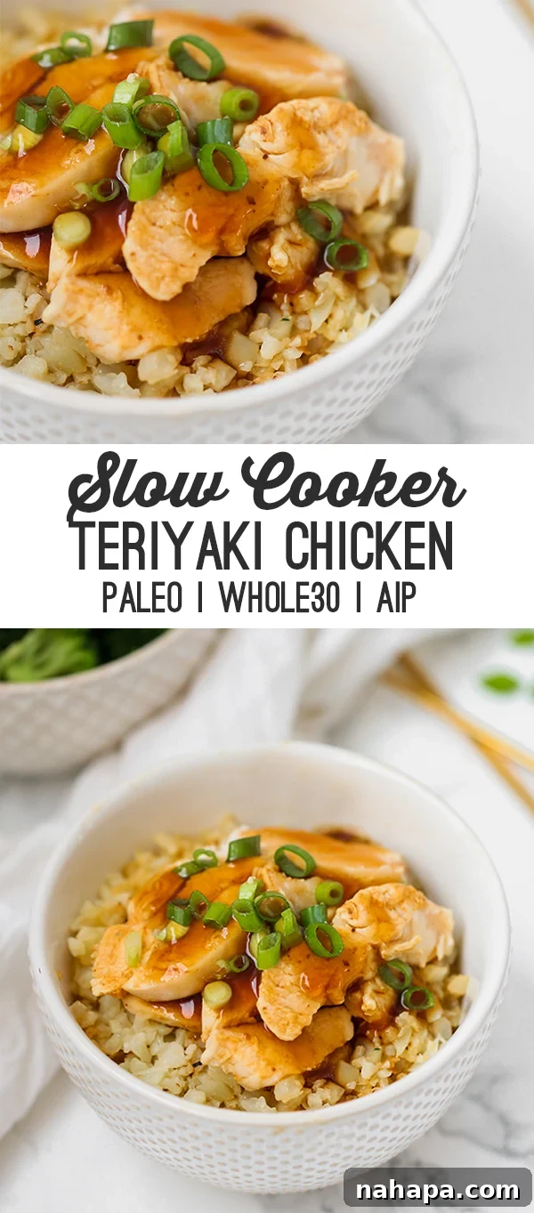Bowls of slow cooker teriyaki chicken over cauliflower rice with text reading \"slow cooker teriyaki chicken paleo whole30 aip\".