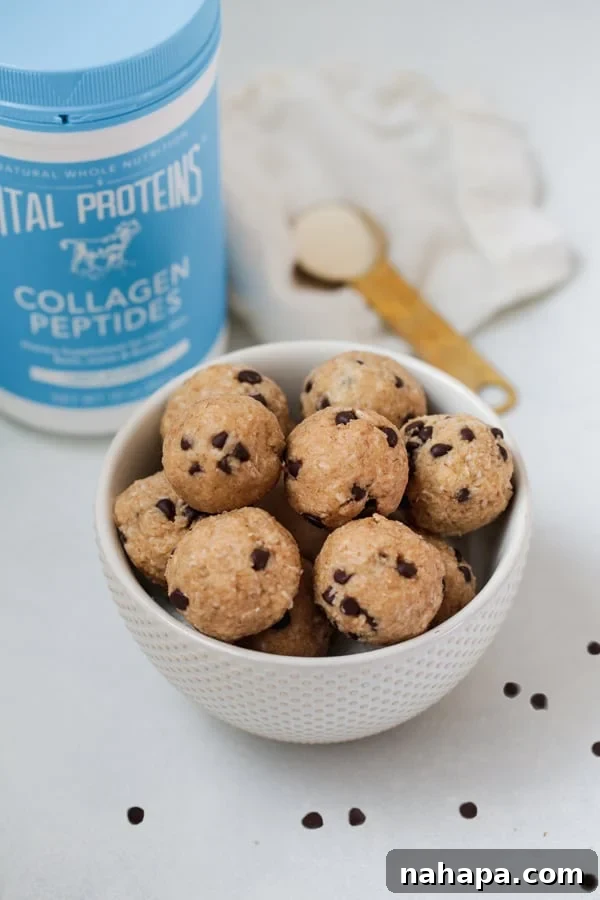 Paleo AIP Gluten-Free No-Bake Cookie Dough Collagen Protein Bites 2 Irresistible No-Bake Cookie Dough Collagen Protein Bites, perfect for Paleo, AIP, and gluten-free diets.