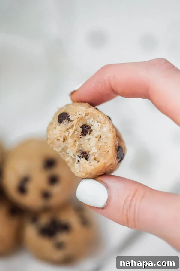 Paleo AIP Gluten-Free No-Bake Cookie Dough Collagen Protein Bites 5 A hand holds a perfectly formed No-Bake Cookie Dough Collagen Protein Bite with a bite taken out, revealing its delightful texture.