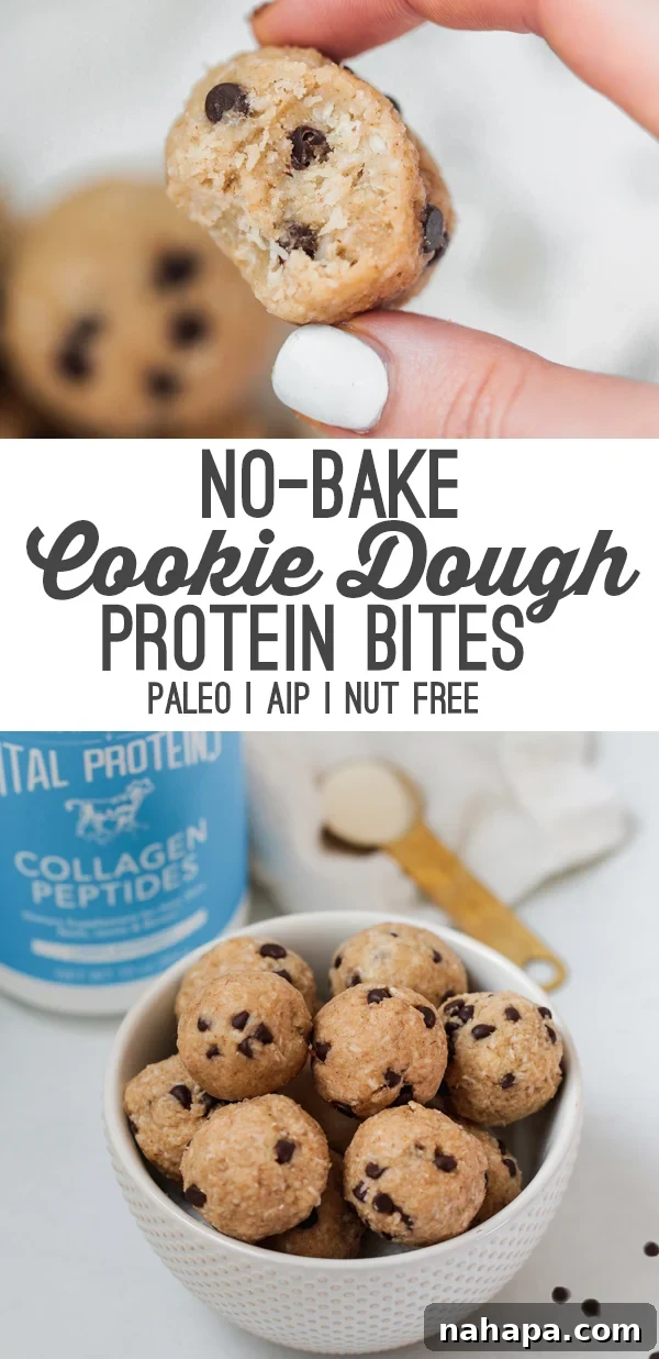 Paleo AIP Gluten-Free No-Bake Cookie Dough Collagen Protein Bites 7 A white bowl filled with cookie dough protein bites with text reading "no bake cookie dough protein bites paleo aip nut free". This image is optimized for Pinterest.