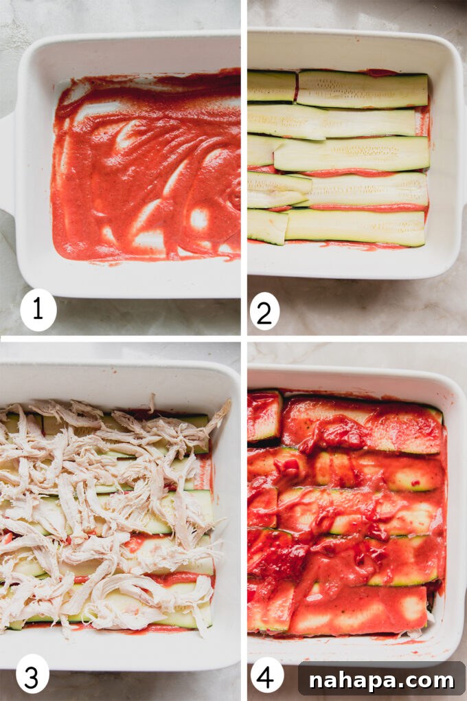 Layered Zucchini Chicken Enchilada Casserole before baking