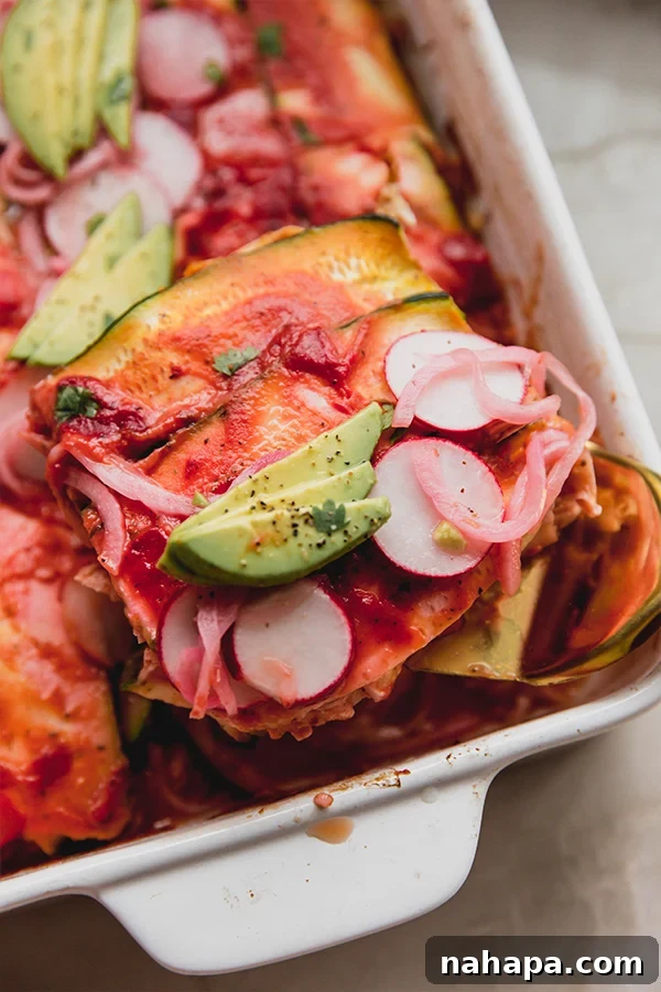Zucchini Chicken Enchilada Casserole ready to be served