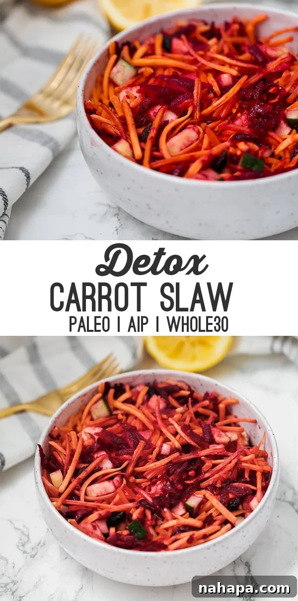 Detox Carrot Slaw: Recipe and The Truth About Detox 5 A vibrant image for Pinterest featuring a bowl of detox carrot slaw with overlay text that reads "Detox Carrot Slaw Paleo AIP Whole30".