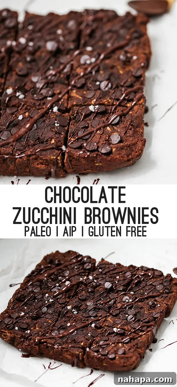 A pan of zucchini brownies cut into squares and sitting on a white counter with text reading "chocolate zucchini brownies paleo aip gluten free".