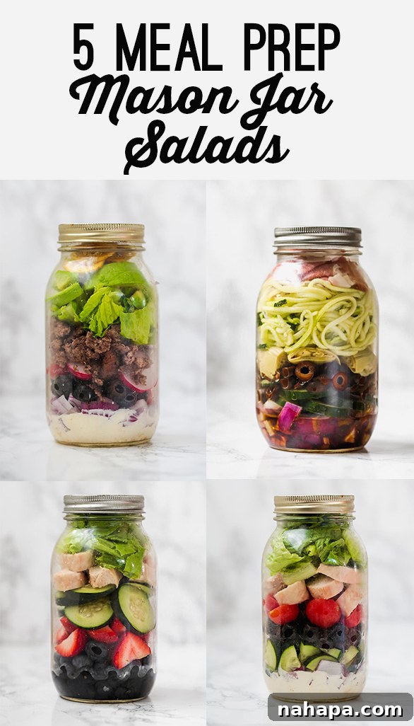 Streamline Your Diet 5 Paleo Whole30 AIP Mason Jar Salads 2 Mason jar salads lined up, showcasing a variety of colorful and healthy ingredients, ready for meal prep