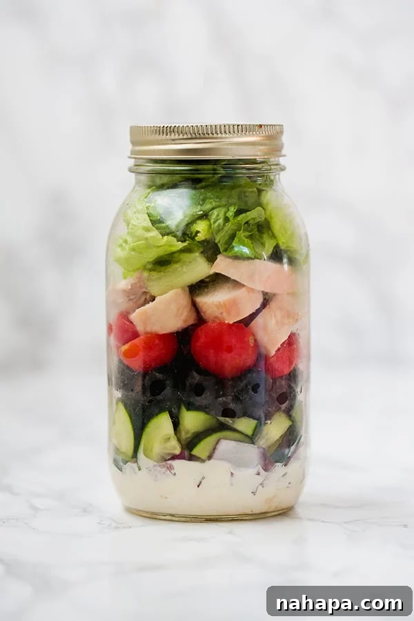 Streamline Your Diet 5 Paleo Whole30 AIP Mason Jar Salads 3 Mason jar Greek salad layered with dressing, cucumber, red onion, olives, tomatoes (optional), chicken, and romaine