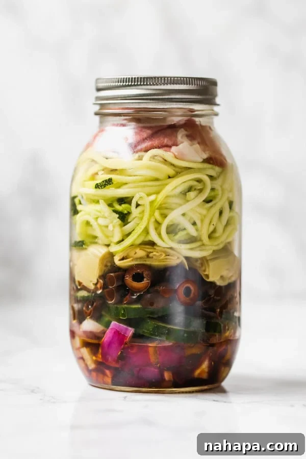 Streamline Your Diet 5 Paleo Whole30 AIP Mason Jar Salads 6 Mason jar Italian salad with olive oil, balsamic vinegar, red onion, cucumber, black olives, artichoke hearts, zucchini noodles, and prosciutto