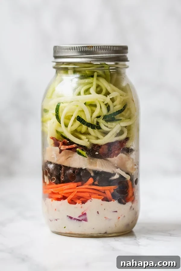 Streamline Your Diet 5 Paleo Whole30 AIP Mason Jar Salads 7 Mason jar BLT salad with ranch dressing, crispy bacon, chicken, and lettuce, embodying a bacon ranch chicken salad concept