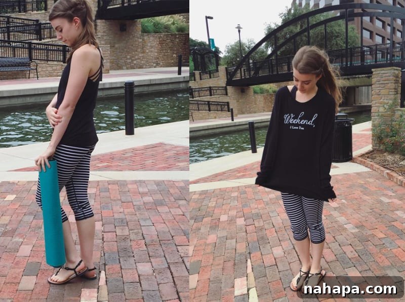 The Weekend Unfolds 5 Woman wearing a Wildfox jumper and Athleta yoga crops, ready for yoga.
