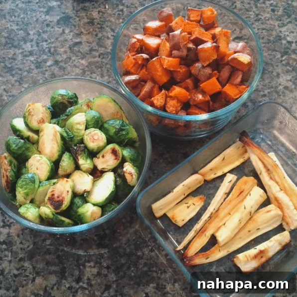 The Weekend Unfolds 8 Assortment of roasted vegetables and sweet potato hashbrowns prepared for meal prep.