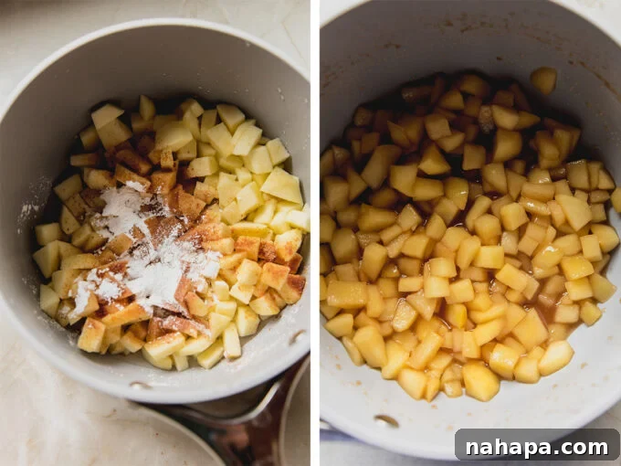 Apple filling simmering in a saucepan, ready for the pie bars.