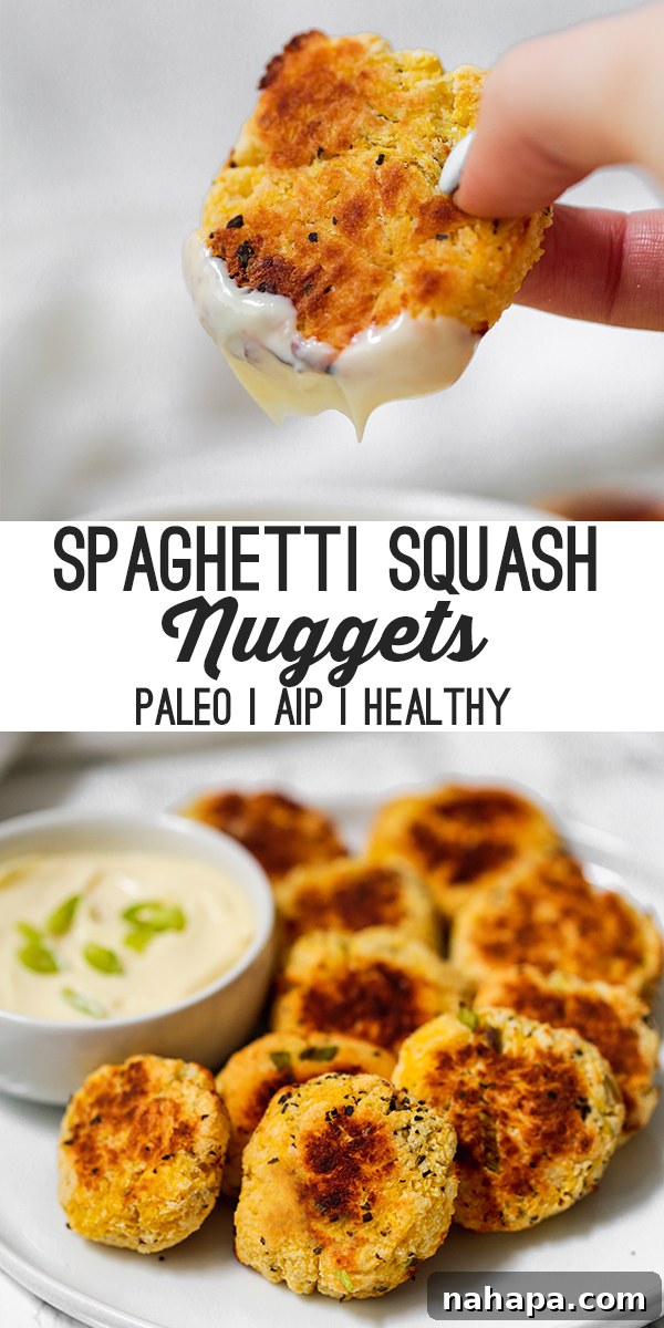 A vibrant Pinterest pin image for spaghetti squash nuggets, featuring crispy nuggets with a dip and fresh herbs, promoting the paleo, AIP, and low-carb aspects.