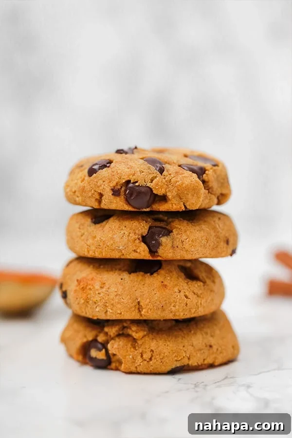 Nourishing Paleo Pumpkin Chocolate Chip Cookies 3 A stack of pumpkin chocolate chip cookies on top of each other.