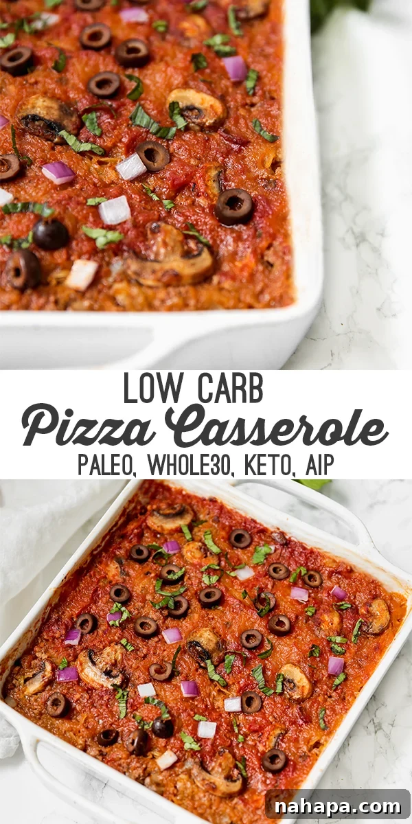 A Pinterest-optimized image for spaghetti squash pizza casserole, showing a top-down view of the dish with text overlay.