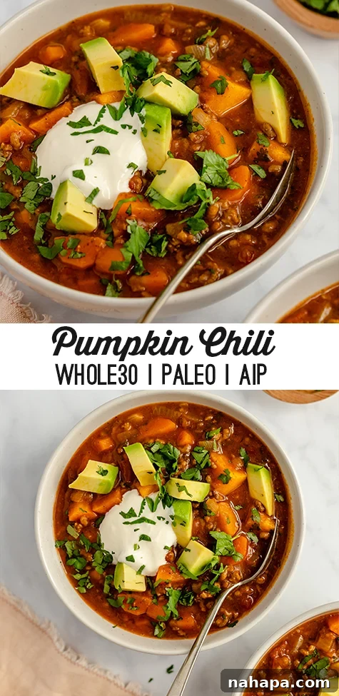 Pin for later: Paleo Pumpkin Chili is the perfect warm and cozy dish for fall! It's whole30 compliant and is easy to make AIP and nightshade free.