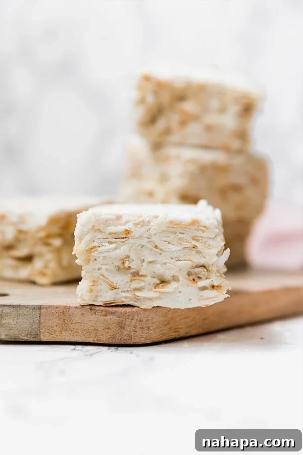 Guilt-Free Crispy Squares: Paleo & AIP Approved 4 Three grain-free "rice" crispy bars artfully arranged, showcasing their golden edges and inviting texture, ready to be enjoyed as a wholesome, allergy-friendly snack.
