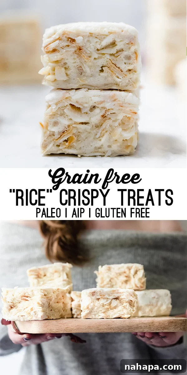 Guilt-Free Crispy Squares: Paleo & AIP Approved 7 Pinterest graphic for grain-free "rice" crispy treats, showing stacked bars with text overlay and recipe title.