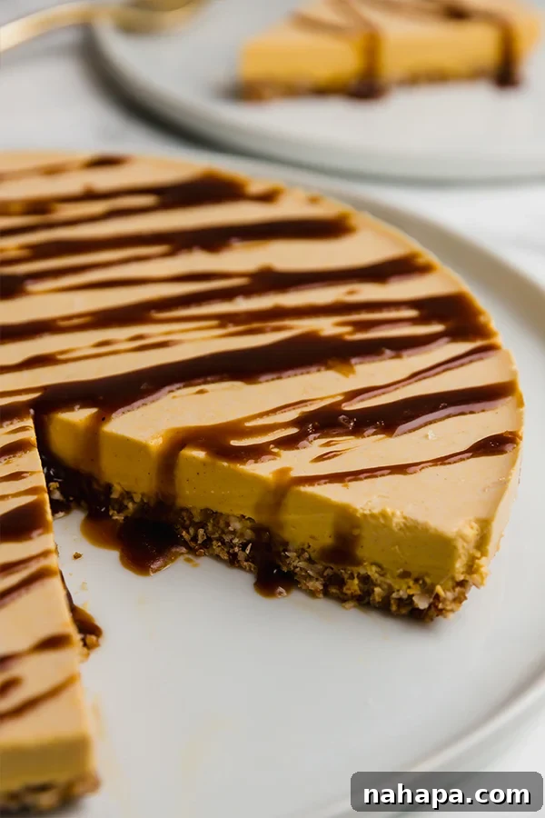 Slice of no-bake pumpkin cheesecake with salted caramel drizzle, a decadent fall treat