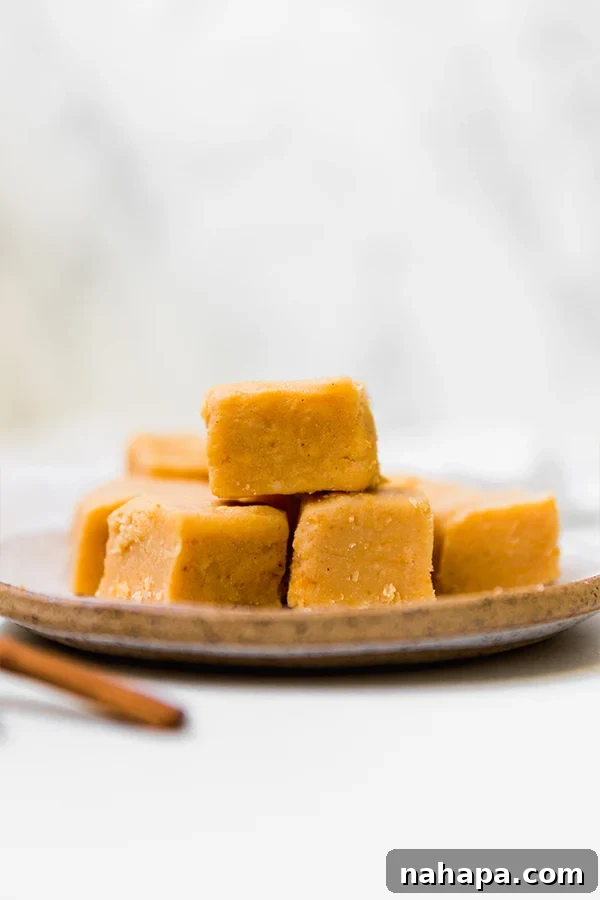 A close-up of the delectable pumpkin fudge, ready to be enjoyed.