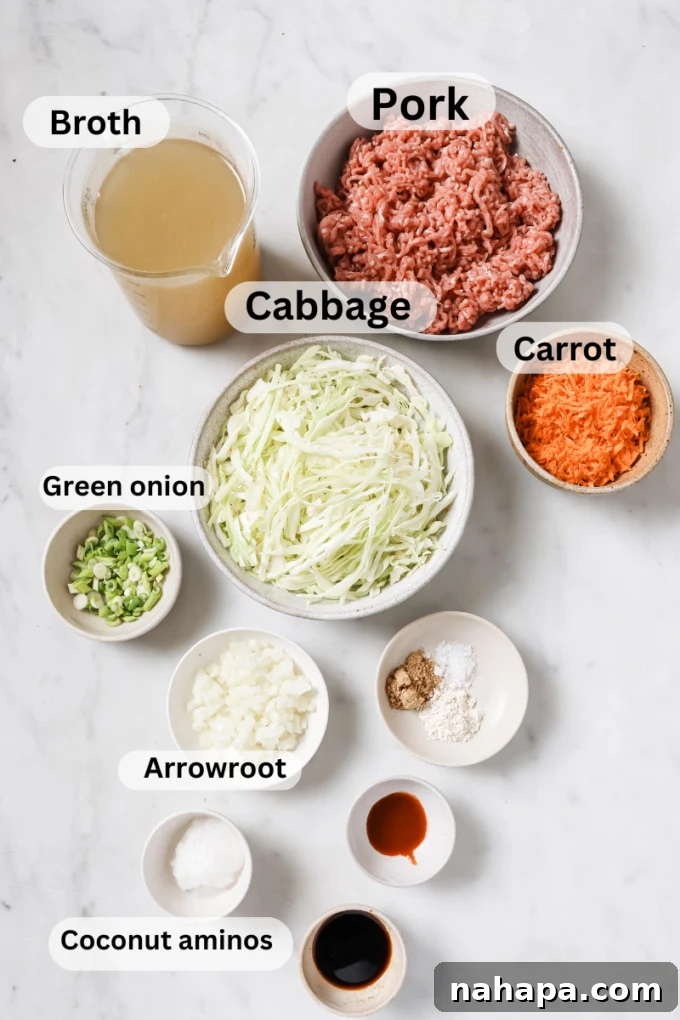 One-Pot Gluten-Free Egg Roll Soup 3 Overhead photo showing all the fresh ingredients for egg roll soup laid out on a table.