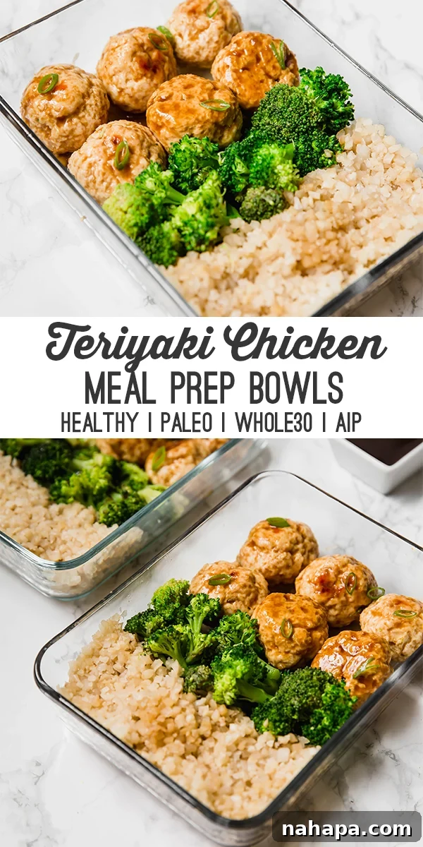 A stunning close-up of a prepared teriyaki chicken meatball meal prep bowl, highlighting the glistening sauce on the meatballs, vibrant broccoli, and delicate cauliflower rice.