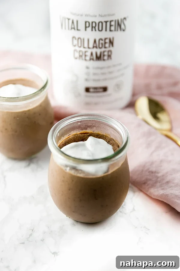 Guilt-Free Paleo Peppermint Mocha Collagen Pudding 2 Creamy peppermint mocha collagen pudding in a glass jar, ready to be enjoyed.
