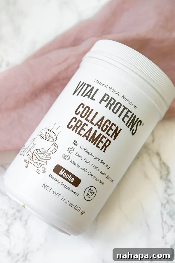 Guilt-Free Paleo Peppermint Mocha Collagen Pudding 5 A canister of Vital Proteins Mocha Collagen Creamer resting on a kitchen counter.