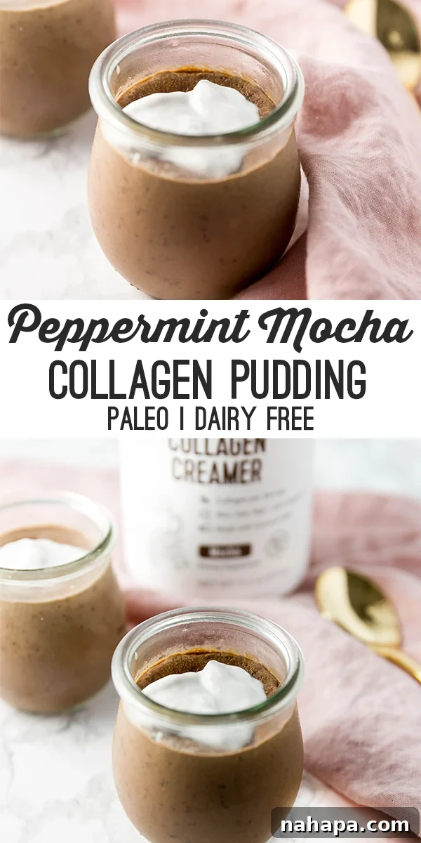 Guilt-Free Paleo Peppermint Mocha Collagen Pudding 6 A glass jar of peppermint mocha collagen pudding with whipped coconut cream on and text reading "peppermint mocha collagen pudding paleo dairy free".