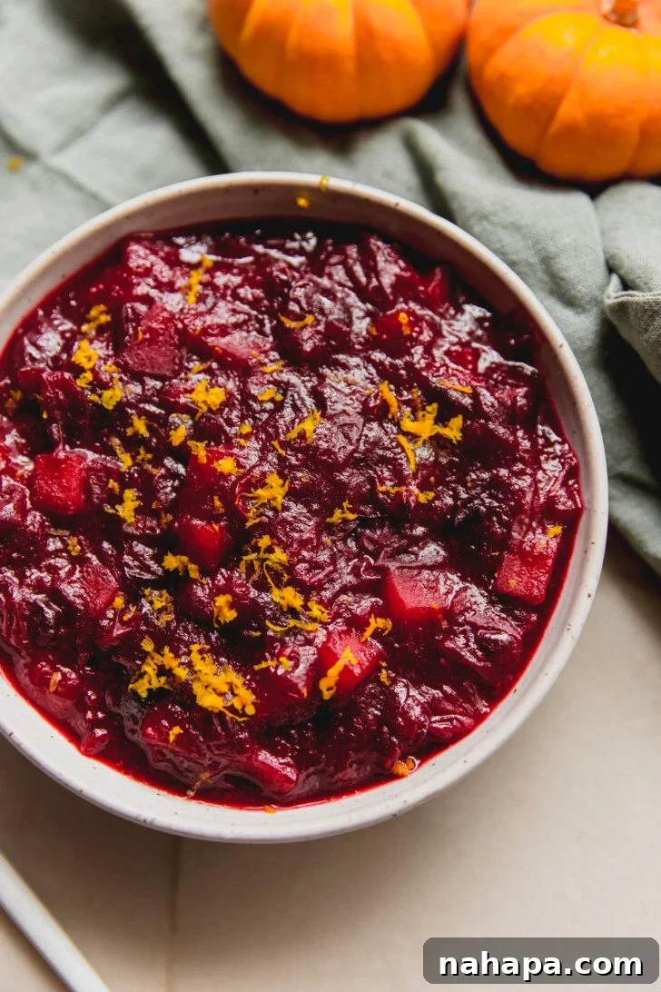 Spiced Apple Cranberry Compote 2 Vibrant homemade apple cranberry sauce in a decorative bowl, garnished with fresh orange zest, ready to be served.