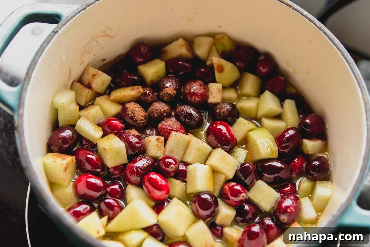 Spiced Apple Cranberry Compote 4 Fresh cranberries, diced Granny Smith apple, orange juice, and cinnamon combined in a blue pot, ready to be heated.