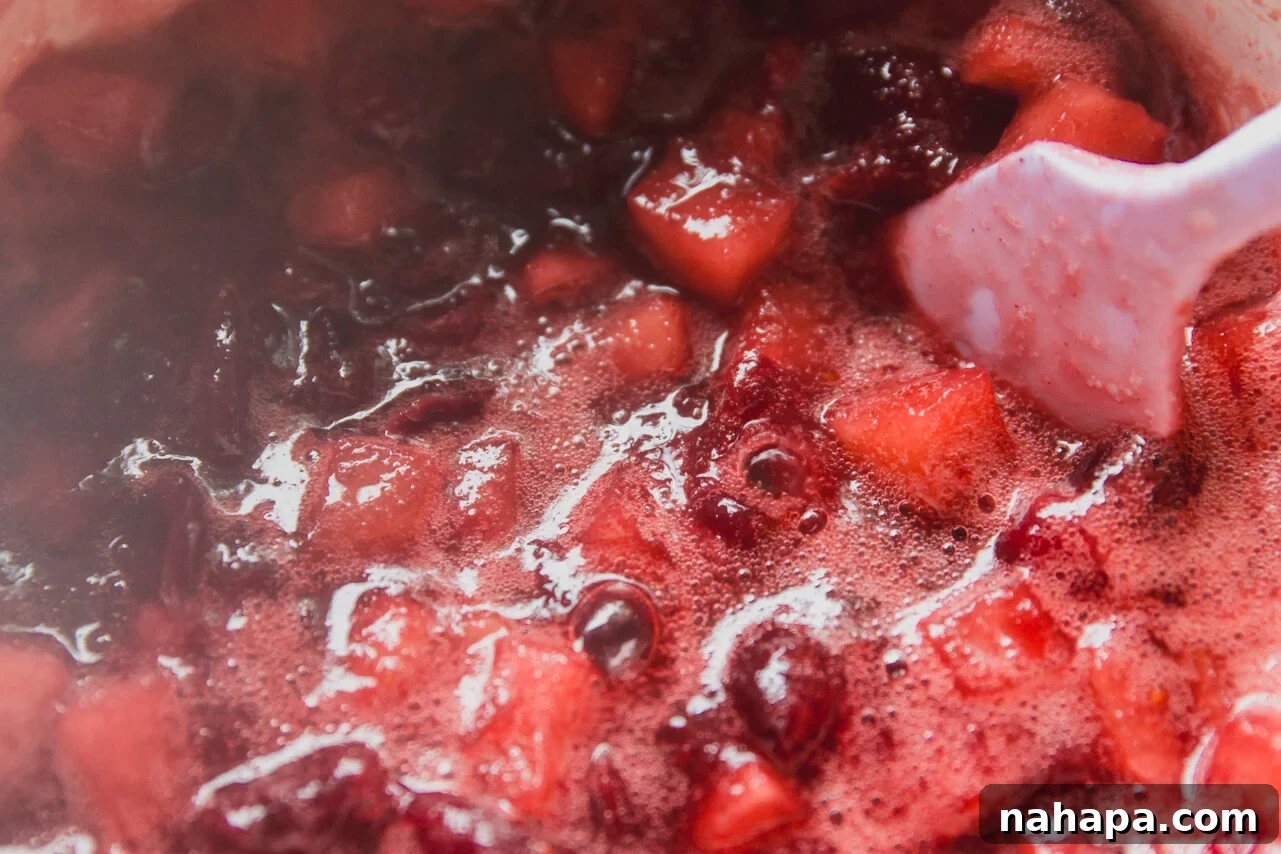 Spiced Apple Cranberry Compote 5 The apple cranberry mixture gently simmering in a pot on the stovetop, with steam rising.