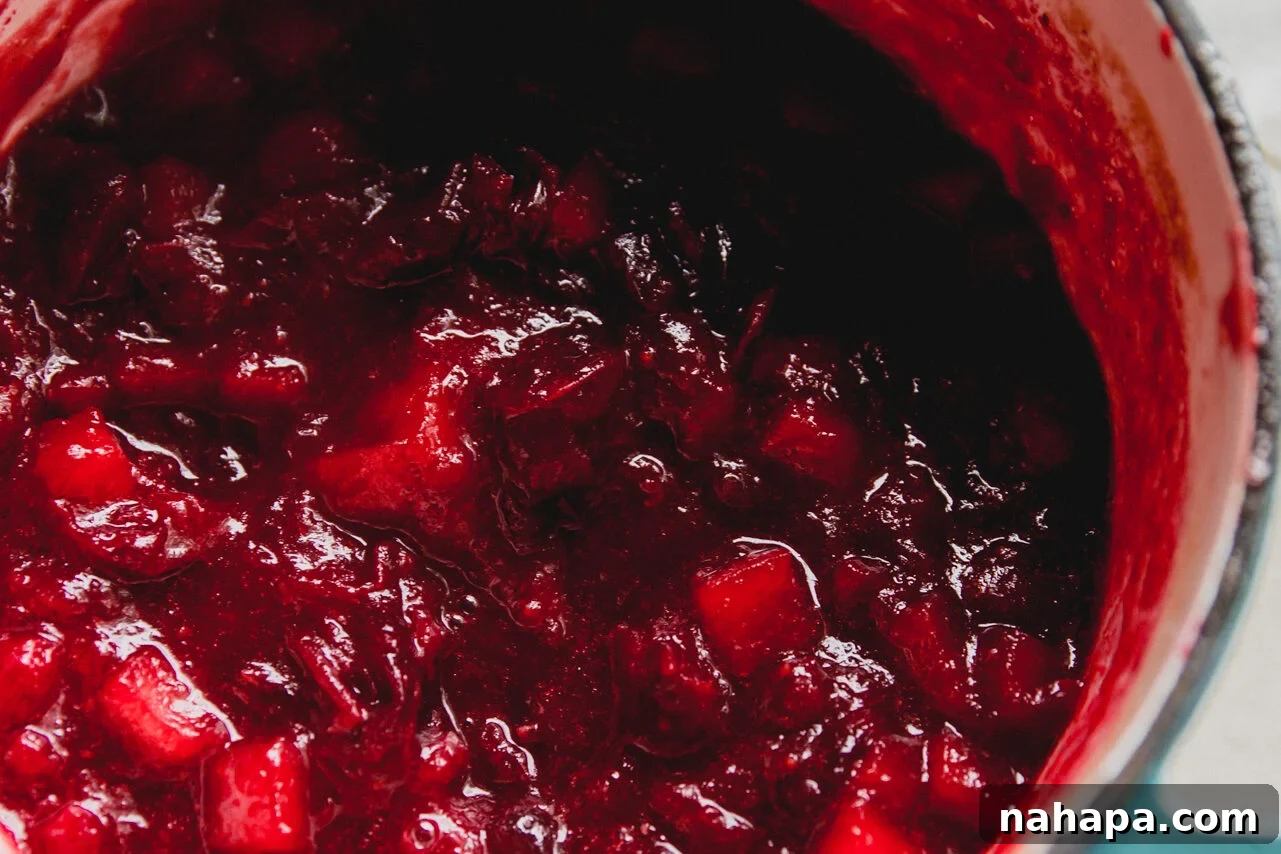 Spiced Apple Cranberry Compote 6 Cooked apple cranberry sauce in a pot, now thickened and with most cranberries visibly burst open.