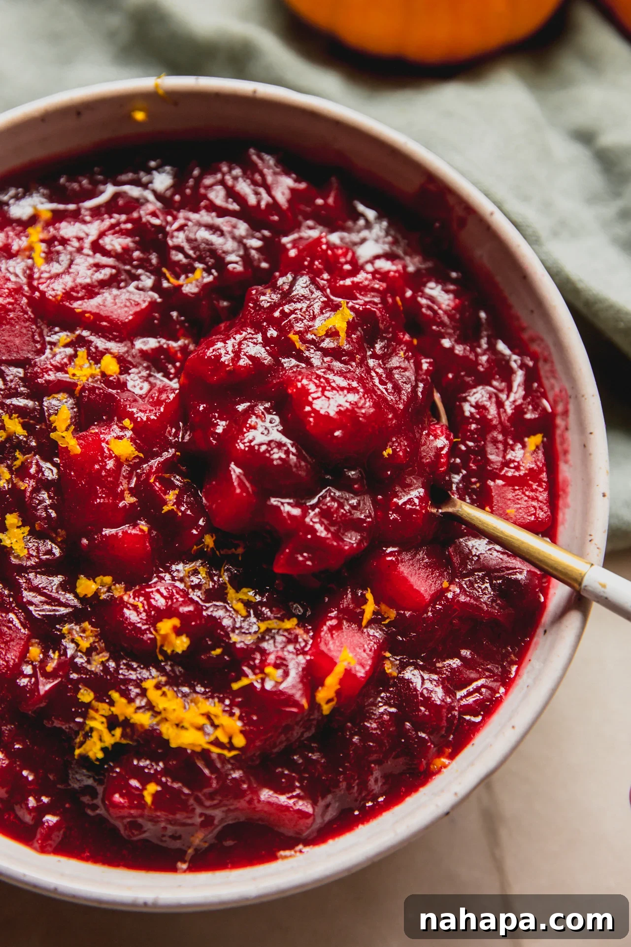 Spiced Apple Cranberry Compote 8 A bowl of apple cranberry sauce, with a spoon resting in it, showcasing its rich texture.