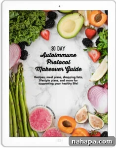 Thriving Beyond the Autoimmune Protocol 3 The front cover of the 30 Day Autoimmune Protocol Makeover Guide with fresh produce surrounding the text.