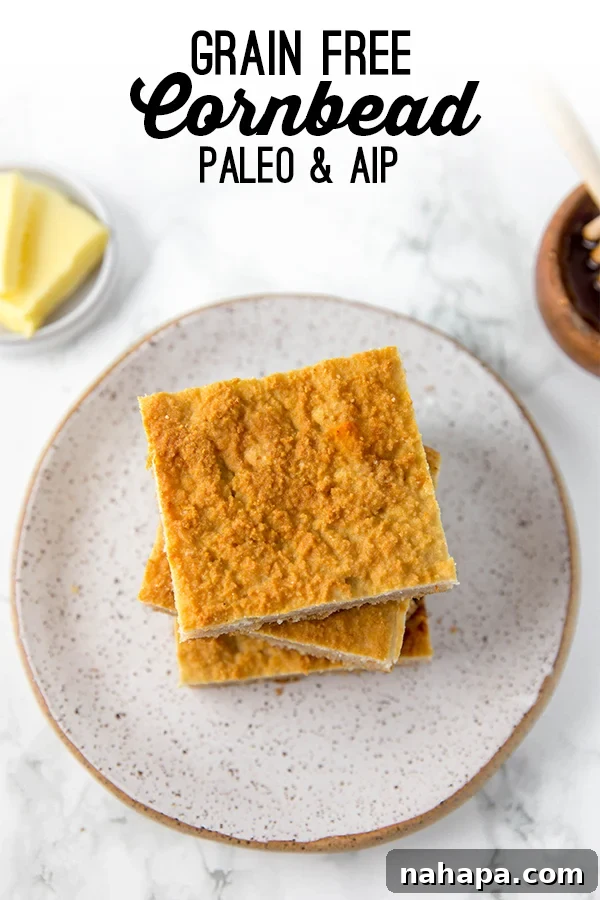 Pinterest pin graphic for Grain Free Paleo Cornbread (AIP) recipe with an image of cornbread.