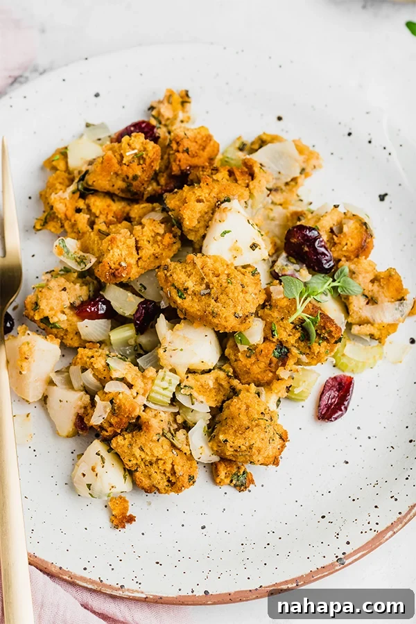 Hearty Paleo Thanksgiving Cornbread Stuffing AIP and Grain Free 6 A plate of cornbread stuffing.