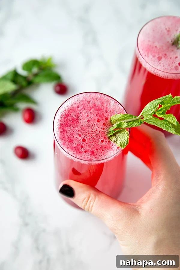 Festive Sparkling Cranberry Mocktail garnished with fresh mint, perfect for holidays and parties.