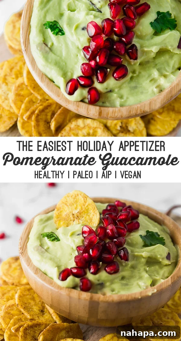 Tangy Pomegranate Guacamole Paleo AIP Vegan Approved 5 A wooden bowl of pomegranate guacamole surrounded by plantain chips with text reading "the easiest holiday appetizer pomegranate guacamole healthy paleo aip vegan"