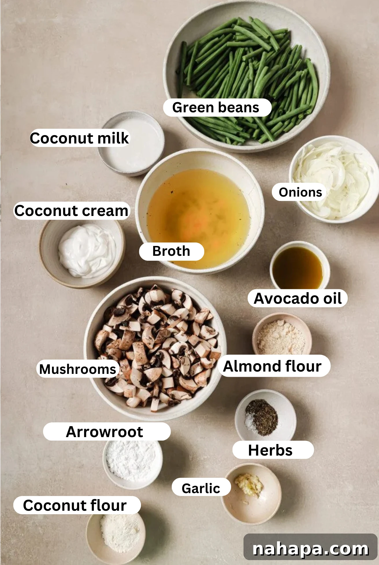 Comforting Gluten Free Green Bean Bake 3 The ingredients for green bean casserole set out, ready to cook.